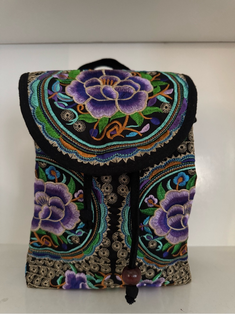Vintage Ethnic Embroidered Floral Backpack Drawstring Rucksack Boho Canvas